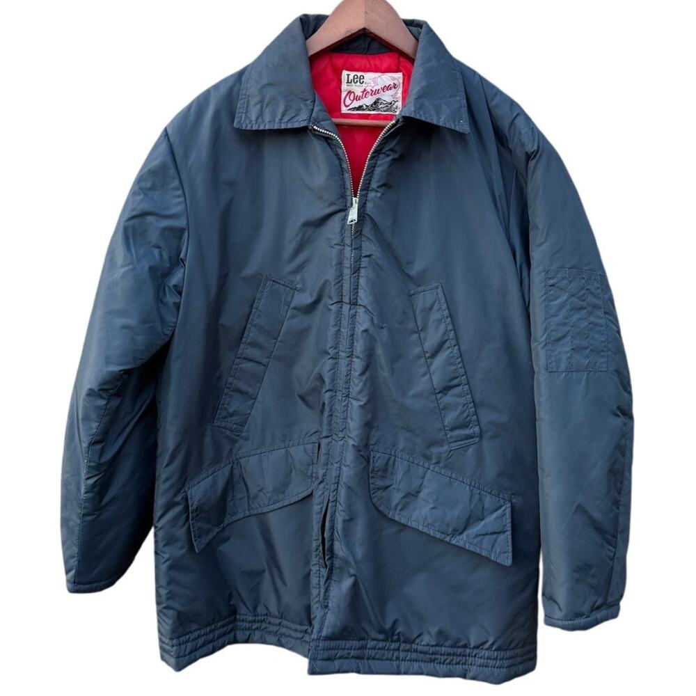 Lee Outerwear Vintage 1970s Blue Nylon Jacket with red quilted inside Large
